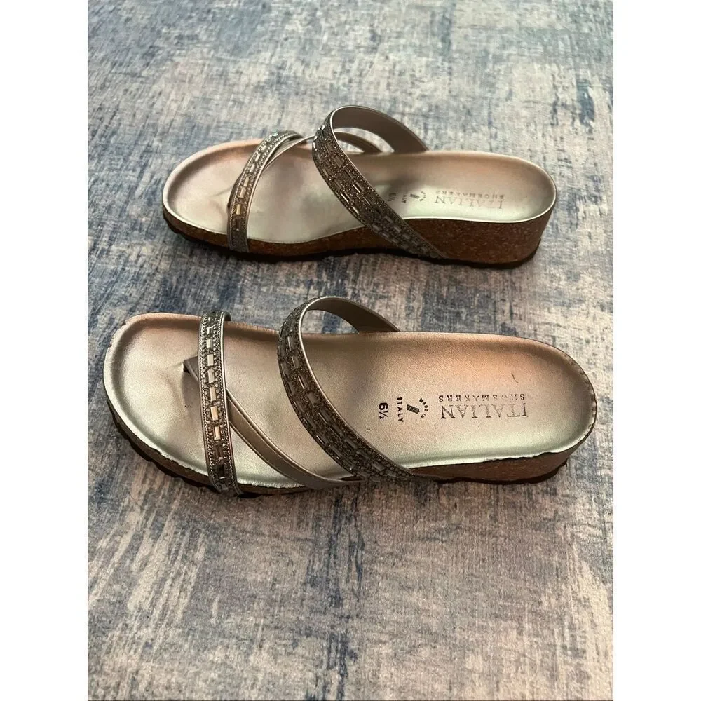 Italian Shoemakers Pewter Metallic Wedge Strappy Sandals Women's 6.5